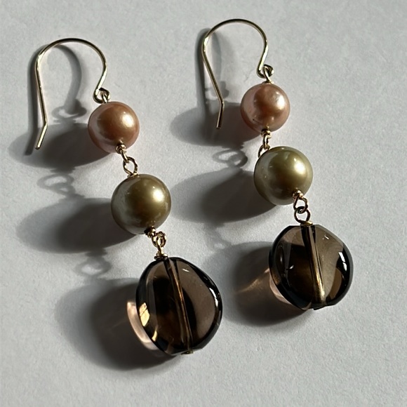 14K Yellow Gold Pearls Smoky Quartz Dangling Earrings - Picture 12 of 16